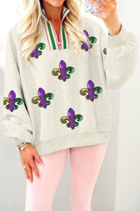 Light Grey Mardi Gras Sequined Pattern Contrast Zipped Collar Pullover Sweatshirt