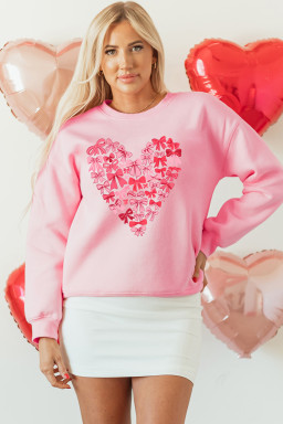 Pink Bow Printed Big Heart Valentines Day Pullover Sweatshirt