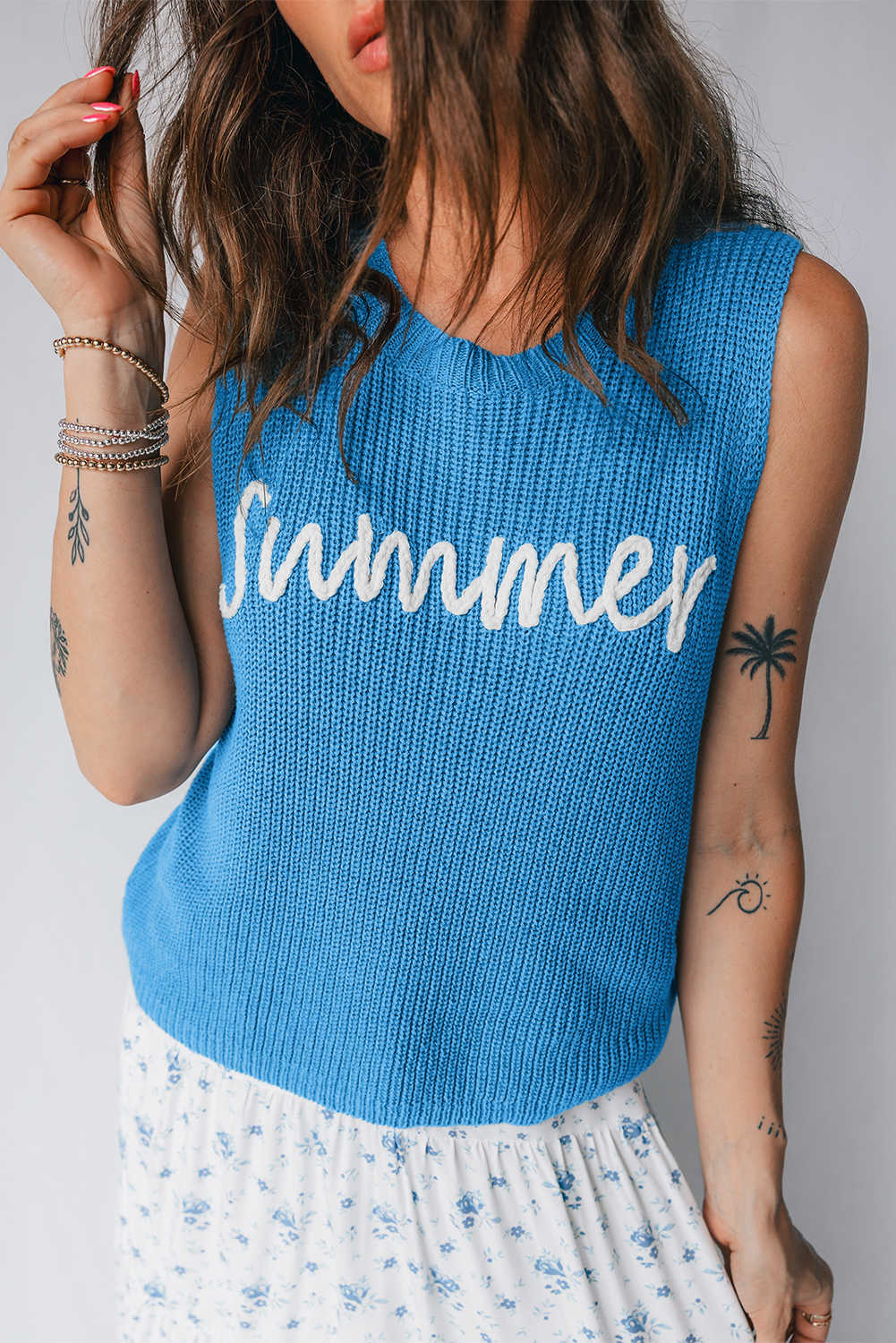 Dusk Blue Summer Script Graphic Sleeveless Sweater Vest