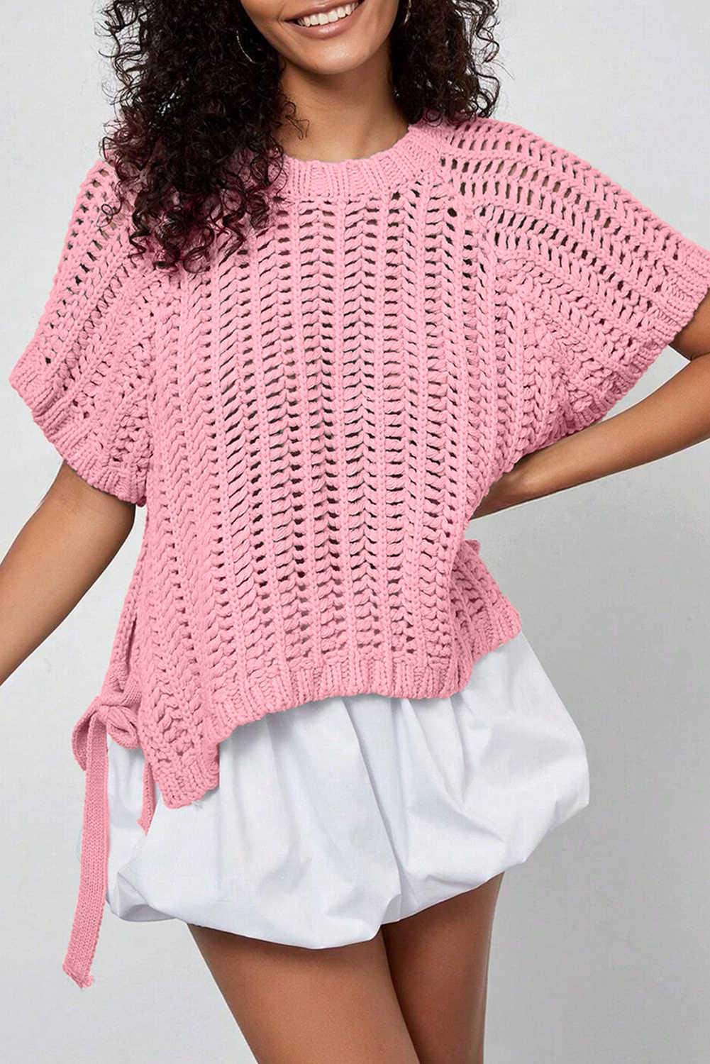Pink Plus Size Open Knit Bow Tie Short Sleeve Sweater