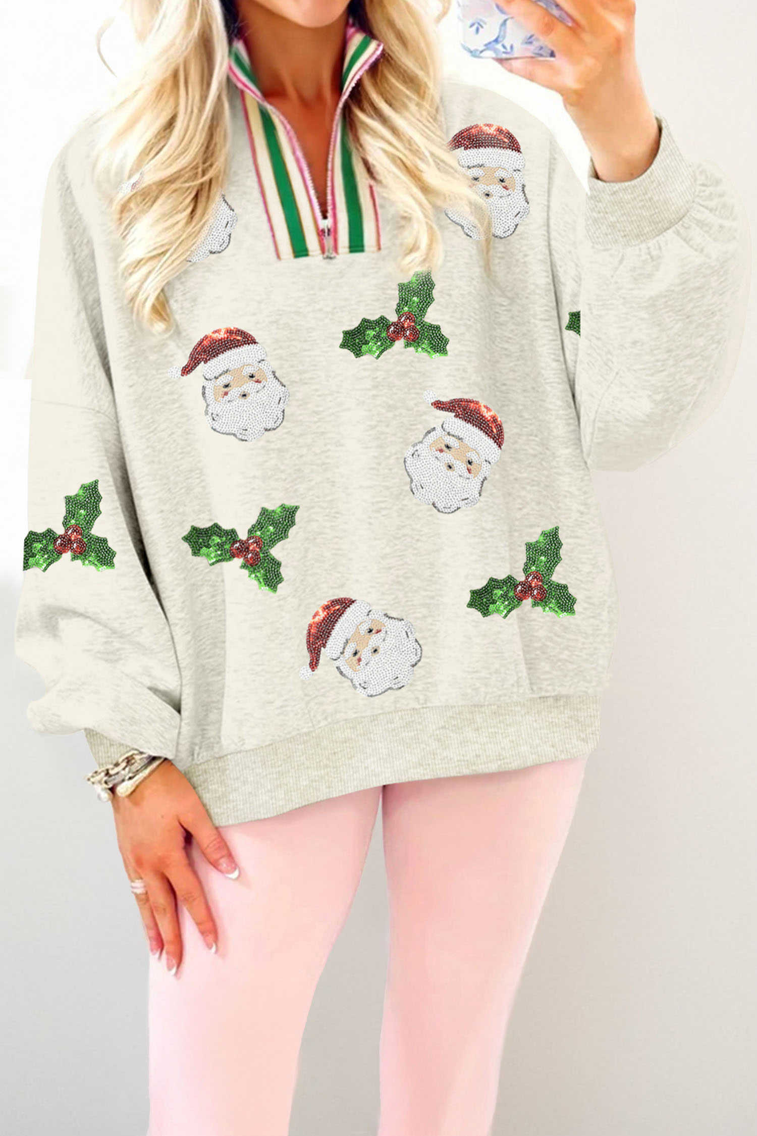 Light Grey Sequin Santa Christmas Holly Patched Striped Trim Zip V Neck Sweatshirt