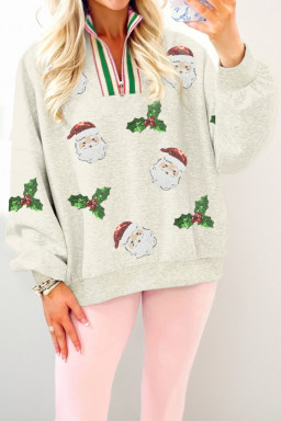 Light Grey Sequin Santa Christmas Holly Patched Striped Trim Zip V Neck Sweatshirt