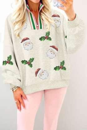 Light Grey Sequin Santa Christmas Holly Patched Striped Trim Zip V Neck Sweatshirt