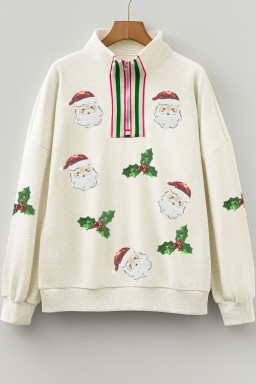 Light Grey Sequin Santa Christmas Holly Patched Striped Trim Zip V Neck Sweatshirt