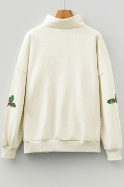 Light Grey Sequin Santa Christmas Holly Patched Striped Trim Zip V Neck Sweatshirt