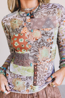 Khaki Mixed Floral Print Patchwork Mock Neck Mesh Top