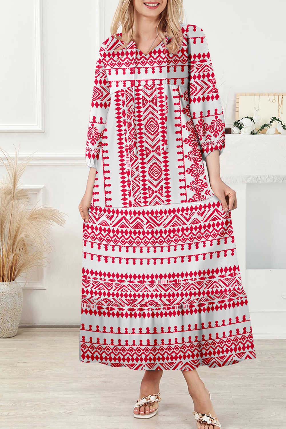 Red Boho Printed Half Sleeve Maxi Dress