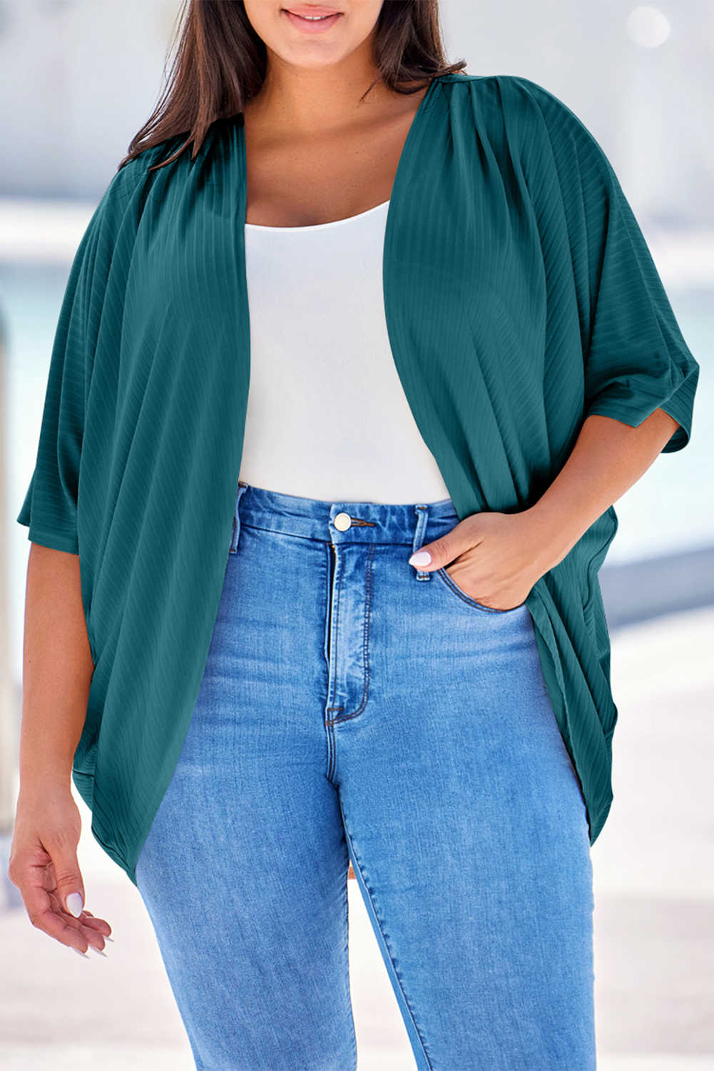 Green-2 Shimmer Ribbed Texture Plus Size Cardigan