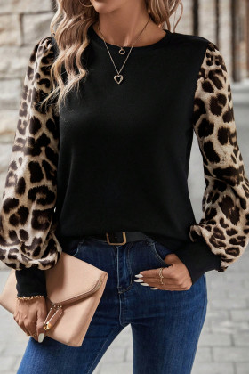 Khaki Leopard Puff Sleeve Patchwork Top