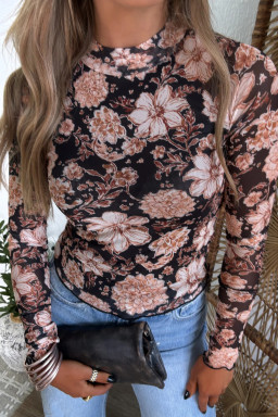 Black Floral Print Mesh Mock Neck Long Sleeve Top