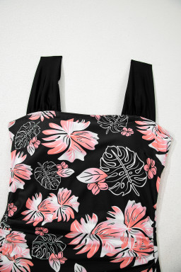 Black Floral Print Square Neck Ruched Tommy Control One Piece Swimsuit