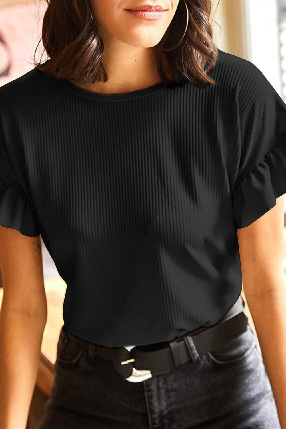 Black Solid Color Ribbed Ruffled Short Sleeve T Shirt