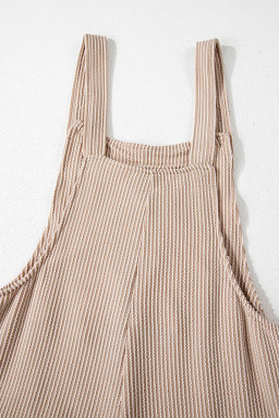 Parchment Ribbed Knit Patched Pocket Wide Leg Overalls