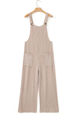 Parchment Ribbed Knit Patched Pocket Wide Leg Overalls