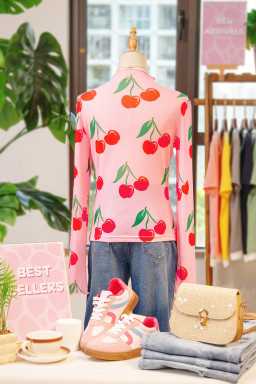 Pink Cherry Print Lettuce Trim Long Sleeve Mesh Top