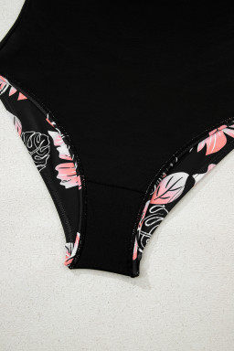 Black Floral Print Square Neck Ruched Tommy Control One Piece Swimsuit