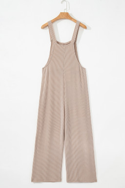 Parchment Ribbed Knit Patched Pocket Wide Leg Overalls