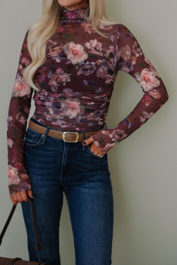 Brown High Neck Ruched Floral Mesh Top