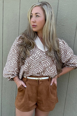 Brown Leaf Print Standing Collar Puff Sleeve Top