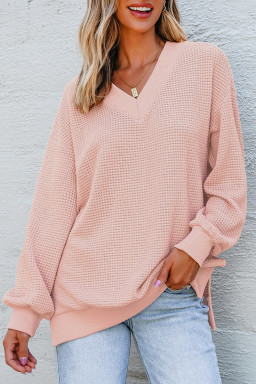 Fushia Thermal V Neck Relaxed Long Sleeve Knit Top