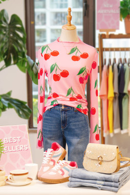 Pink Cherry Print Lettuce Trim Long Sleeve Mesh Top