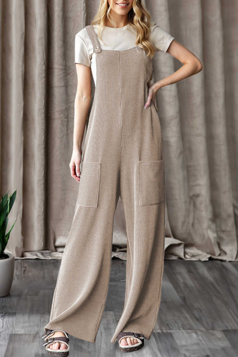 Parchment Ribbed Knit Patched Pocket Wide Leg Overalls