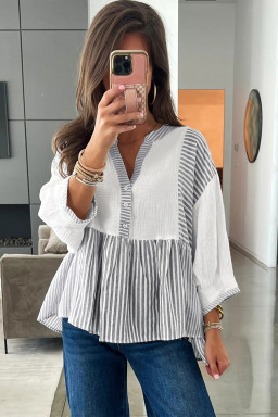 Gray Stripe Half Button Gauze Patchwork Bracelet Sleeve Babydoll Blouse
