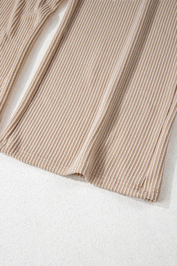 Parchment Ribbed Knit Patched Pocket Wide Leg Overalls