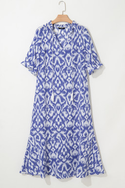 Sky Blue Geometric Print V Neck Casual Long Dress