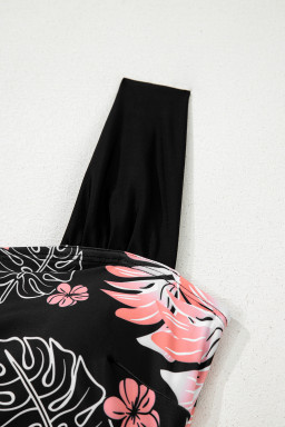 Black Floral Print Square Neck Ruched Tommy Control One Piece Swimsuit