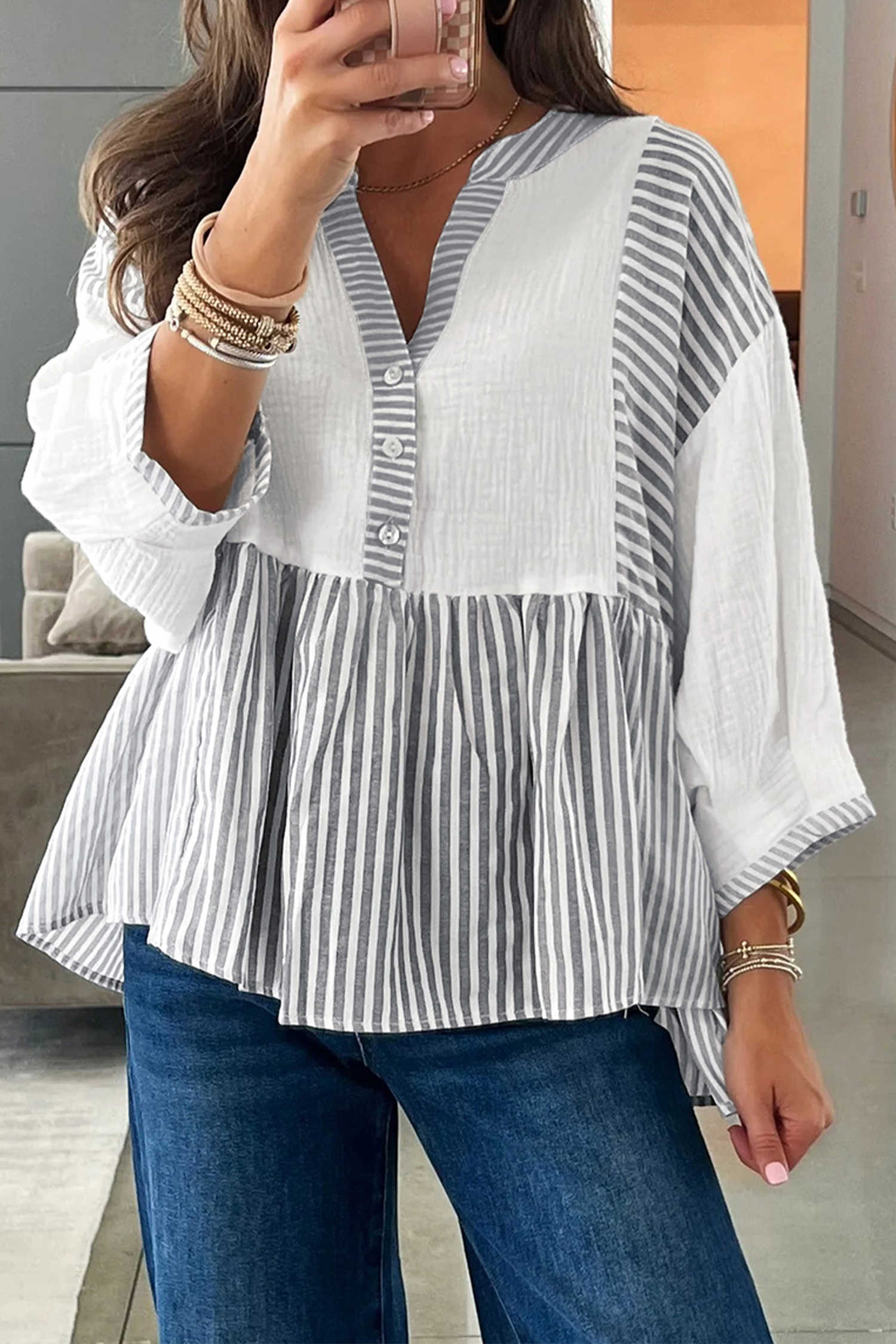 Gray Stripe Half Button Gauze Patchwork Bracelet Sleeve Babydoll Blouse