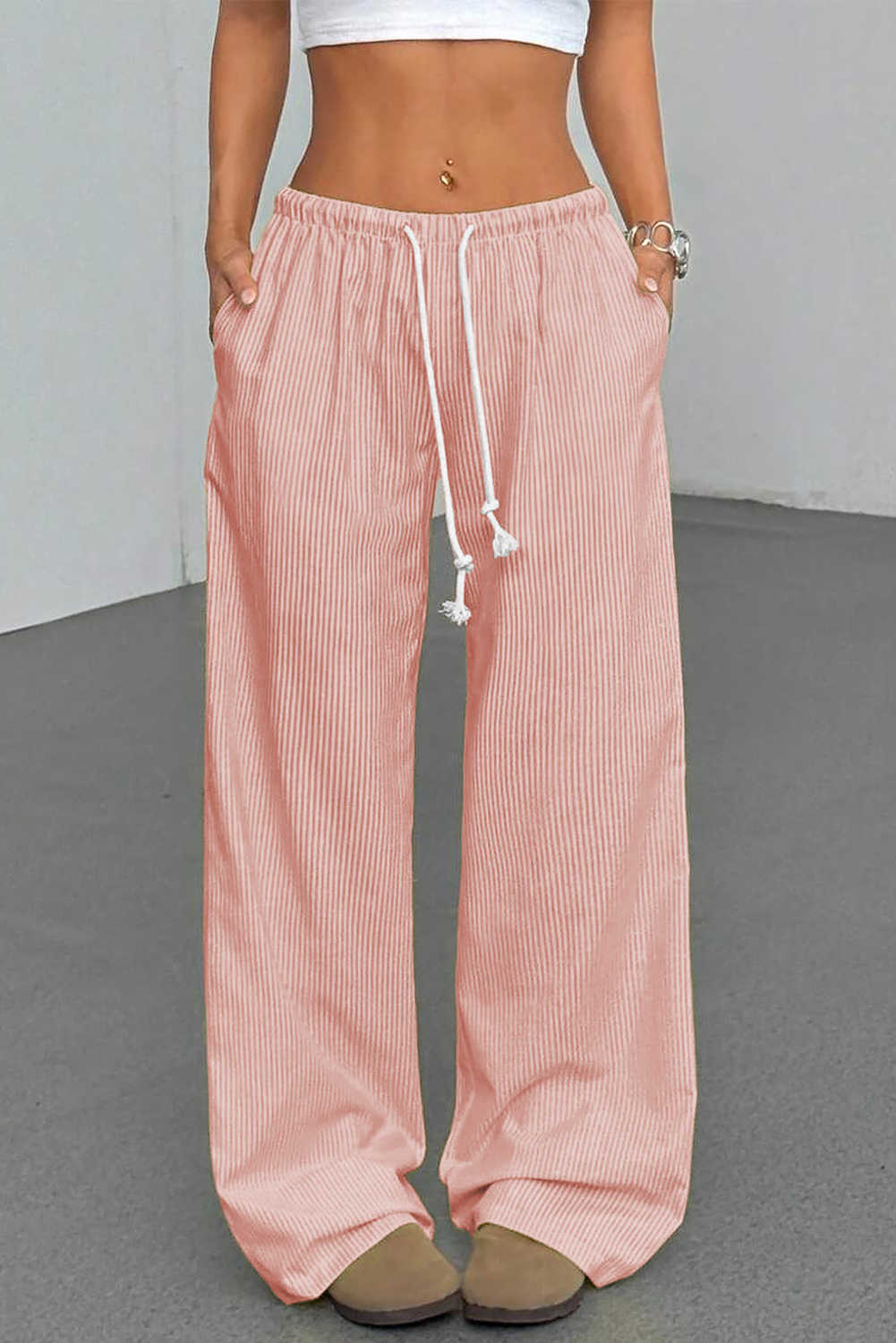 Pink Stripe Drawstring Plus Size Loose Pants