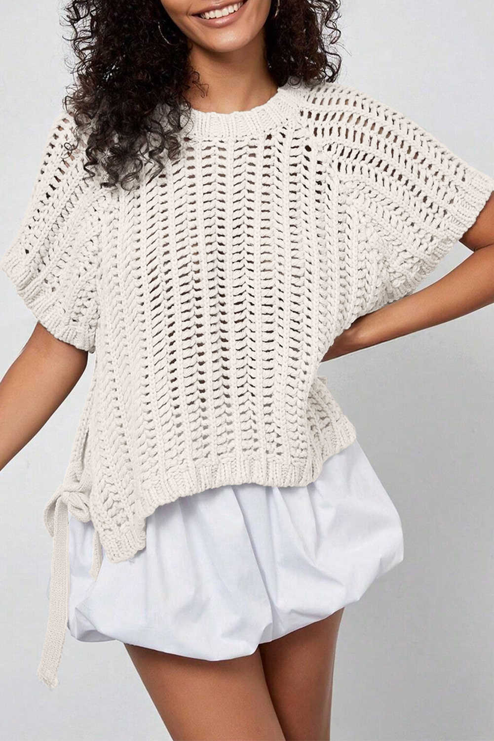 White Plus Size Open Knit Bow Tie Short Sleeve Sweater