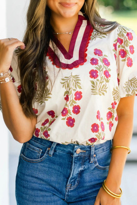 White Floral Short Bubble Sleeve Contrast Slit Neckline Blouse