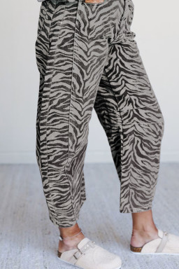 Gray Zebra Stripe Printed Wide Leg Barrel Jeans