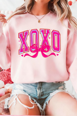 Pink XOXO Valentines Day Heart Ribbon Bow Printed Pullover Sweatshirt
