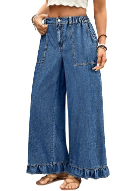 Sail Blue Plus Size Elastic Waist Ruffled Wide Leg Denim Pants