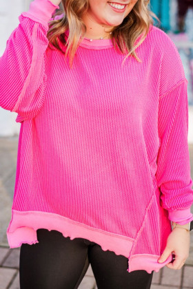 Rose Red Mix Ribbed Texture Contrast Patchwork Plus Size Long Sleeve Top