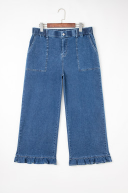 Sail Blue Plus Size Elastic Waist Ruffled Wide Leg Denim Pants