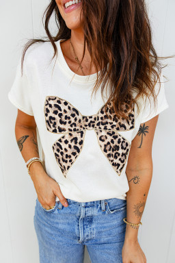 White Leopard Bow Embroidered Cotton Round Neck T Shirt