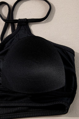 Black Ribbed Knit High Waist 2pcs Bikini Swimsuit