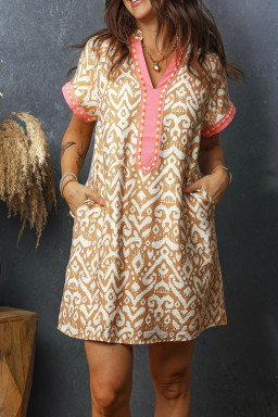 Khaki Western Fashion Print Striped Color Block Patchwork Shift Mini Dress