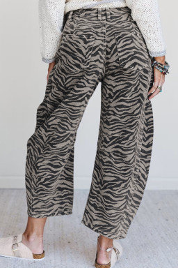 Gray Zebra Stripe Printed Wide Leg Barrel Jeans
