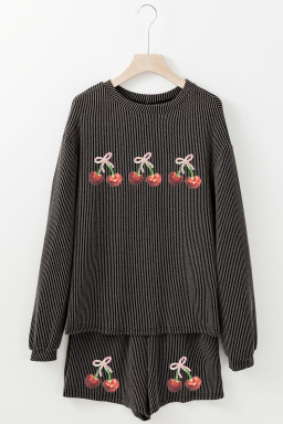 Carbon Grey Twisted Ribbed Sequin Cherry Patched Long Sleeve Pullover and Shorts 2pcs Set
