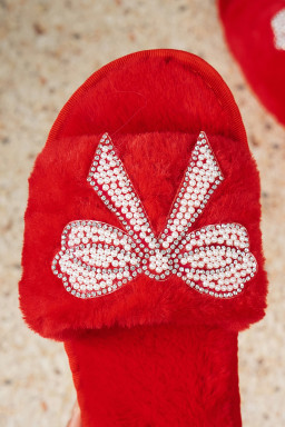 Fiery Red Pearl Rhinestone Embellished Bow Open Toe Plush Slippers