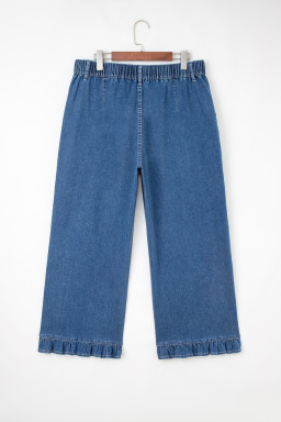 Sail Blue Plus Size Elastic Waist Ruffled Wide Leg Denim Pants