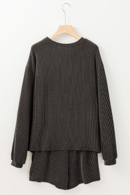 Carbon Grey Twisted Ribbed Sequin Cherry Patched Long Sleeve Pullover and Shorts 2pcs Set