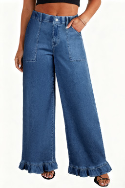 Sail Blue Plus Size Elastic Waist Ruffled Wide Leg Denim Pants