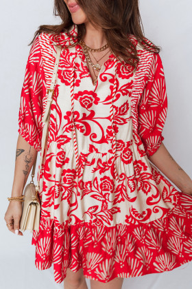 Red Collared V Neck Half Sleeve Flower Loose Mini Dress