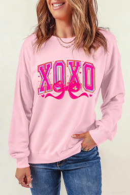 Pink XOXO Valentines Day Heart Ribbon Bow Printed Pullover Sweatshirt